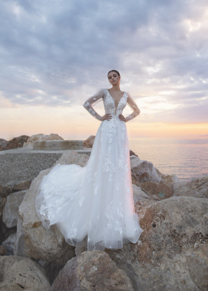 Long Sleeves Ivory Lace Tulle Floral Wedding Dress With Horsehair Hem Long Sleeves Ivory Lace Tulle Floral Wedding Dress With Horsehair Hem